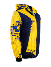 Load image into Gallery viewer, Golden Yellow on Navy Blue with Blue and Grey Rectangles
