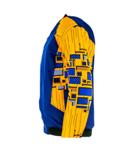 Load image into Gallery viewer, Golden Yellow on Navy Blue with Blue and Grey Rectangles
