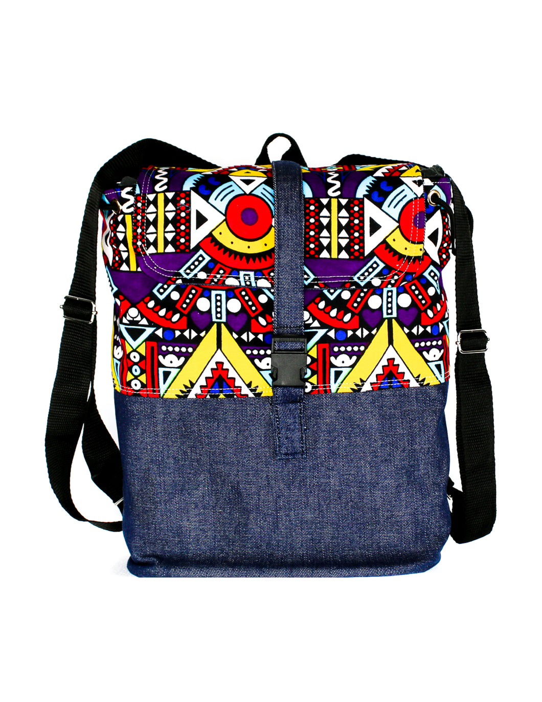 Vibrantly Colored Kitenge Patterned Top with Denim Base